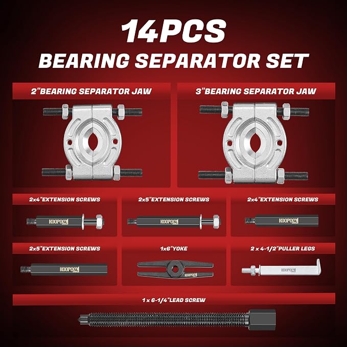 KOOPOOL Bearing Puller and Splitter Kit, Separator and Puller Set, Pinion Bearing Puller and Wheel Removal Tool, 5 Ton Capacity Bearing Separator with 2’’ and 3’’ Bearing Separator Jaws, 14Pcs