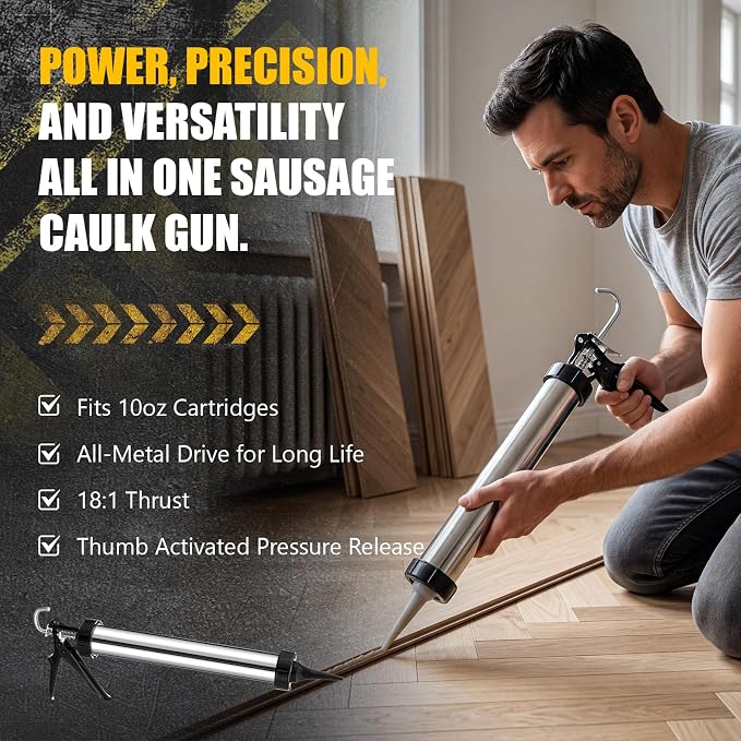4 Pack Sausage Caulking Gun, 20 oz Stainless Steel Caulk Gun with 4 Cone Nozzles, 18: 1 Thrust Ratio, Heavy Duty Caulking Tools for Construction, Bathroom, Window
