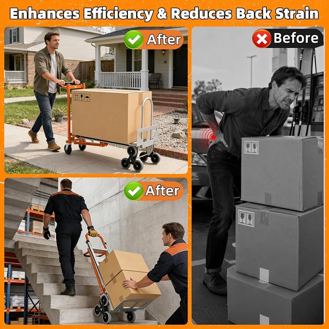 Aluminum 4 in 1 Convertible Hand Truck Dolly Cart with Wheels, 1000Lbs Capacity, Heavy Duty Stair Climbing Hand Trucks with Bungee Cord&Strap for Flat Ground & Stairs, Logistics, Home, Office, Orange