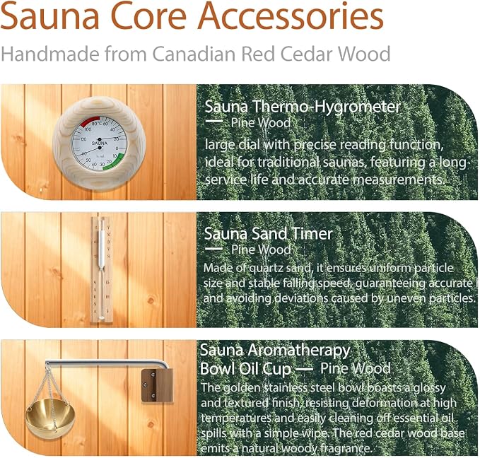 Sauna Bucket and Ladle Set, Handmade from Pine Wood - Core Set (Bucket & Ladle, Thermometer & Hygrometer, Sand Timer, Aromatherapy Bowl Oil Cup) (Pine)