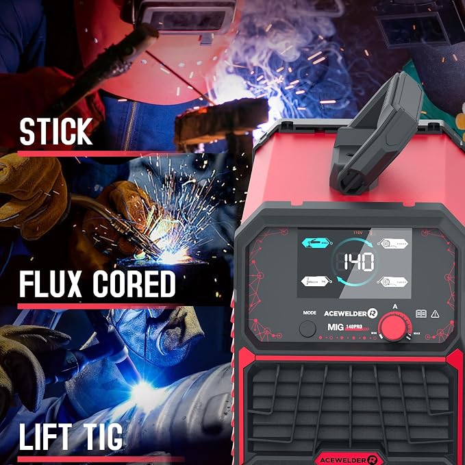 ACEWELDER 140A MIG Welder, 3 in 1 Flux Core, MIG/LIFT TIG/Stick Welding Machine 110V Portable IGBT Inverter Synergic Control, LED Display with Welding Helmet