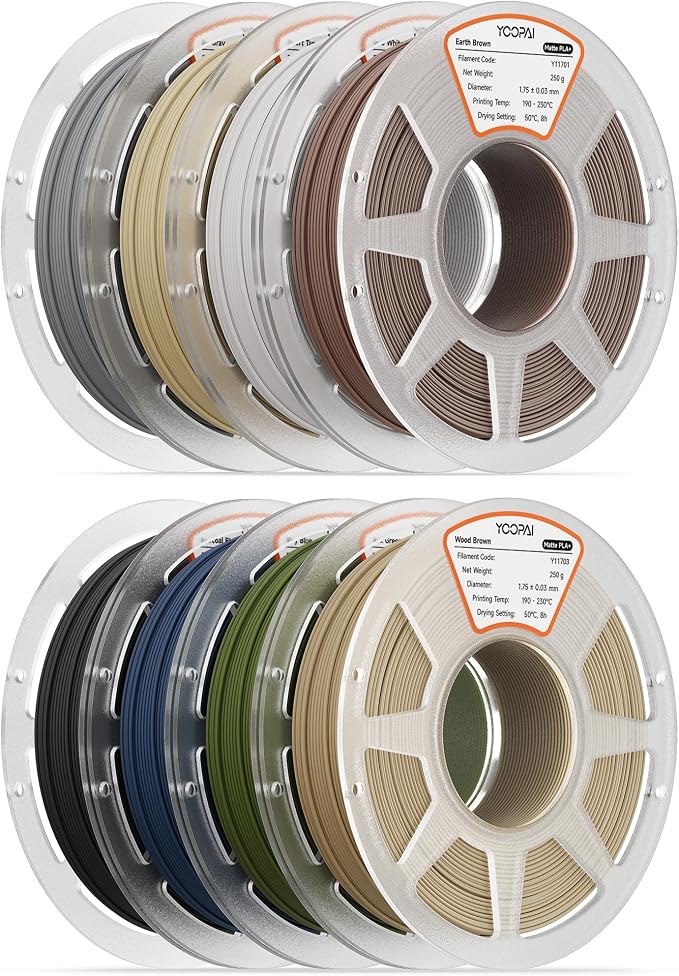 250g PLA+ Matte Filament 1.75mm Bundle, Individually Vacuum Packed, 250g Spool, 8 Rolls, Bone White+Earth Brown+Desert Tan+Wood Brown+Nardo Grey+Charcoal Black+Navy Blue+Dark Green