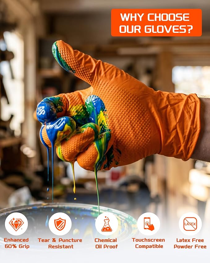 nitroshield 9mil Heavy Duty Disposable Nitrile Gloves,Orange Large 800Pcs -Chemical Resistant, Latex Powder Free Rubber Gloves Diamond Texture for Automotive, Mechanics, Cooking,BBQ, Industrial Use