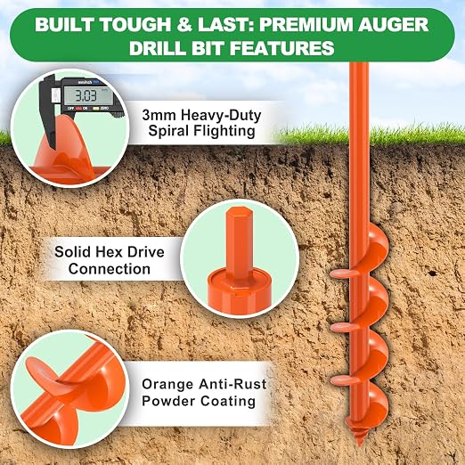 SELEWARE Auger Drill Bit for Planting 3"x24" Drill Auger for 3/8" Hex Drive | Orange Heavy-Duty Steel Garden Auger Drill Bit, Bulb Planter Tool, Auger Post Hole Digger for Bulbs, Flowers, Fence Posts