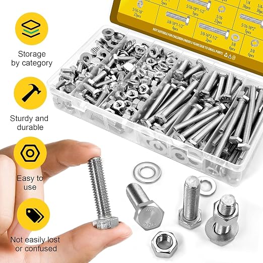 224PCS 1/4''-20 Hex Bolts and Nuts Assortment Kit,1/4-20 x 1/2'', 3/4'', 1'', 1-1/2'', 2'', 2-1/2'', 3'' SAE Stainless Steel Bolts Nuts and Washers Assorted Set, Fully Threaded