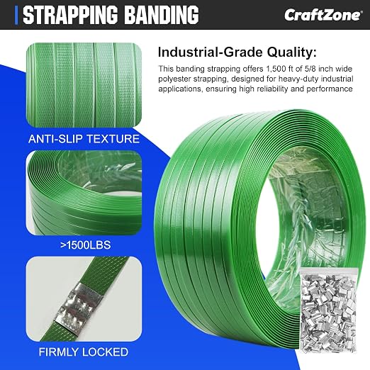 Banding Strapping Kit | Pallet Strapping Kit with Tensioner Tool | Heavy Duty Banding Tool 1500lbs Break for Banding Bulky Items Warehouses|Factories | 5/8" W*1000' L Poly Strapping|100 Seals