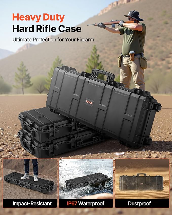 VEVOR Rifle Case, Rifle Hard Case with 4 Layers Fully-protective Foams, Lockable Hard Gun Case with Wheels, IP67 Waterproof & Crushproof, for Rifles or Shotguns