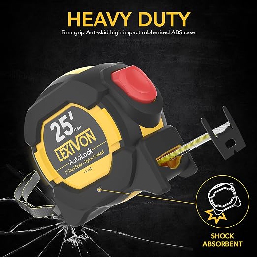 LEXIVON [3-Pack] 25Ft/7.5m AutoLock Tape Measure | 1-Inch Wide Blade with Nylon Coating, Matte Finish White & Yellow Dual Sided Rule Print | Ft/Inch/Fractions/Metric (LX-205X3)