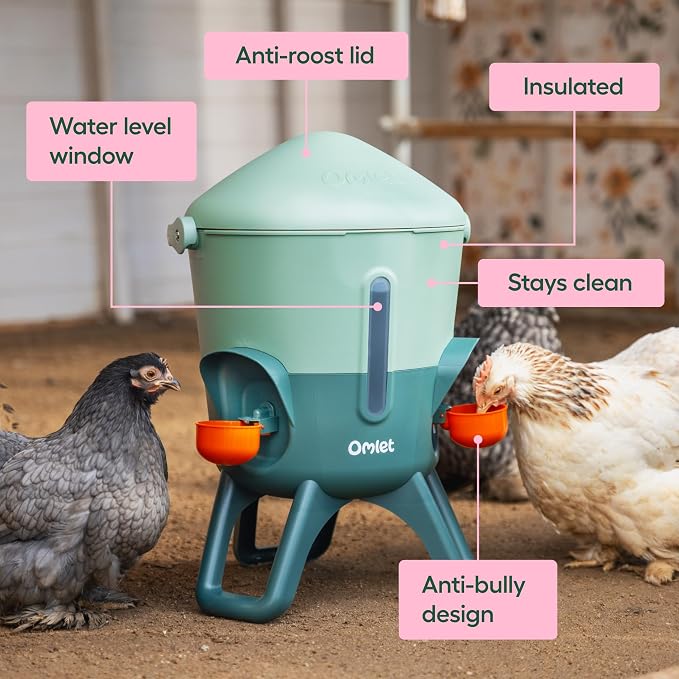 Omlet Insulated Chicken Waterer, 1.5 Gallon | Stay-Clean Automatic Water Dispenser for Chickens | BPA-Free | Anti-Roost Domed Lid | Includes 3 Cups & Nipples | Sage Green