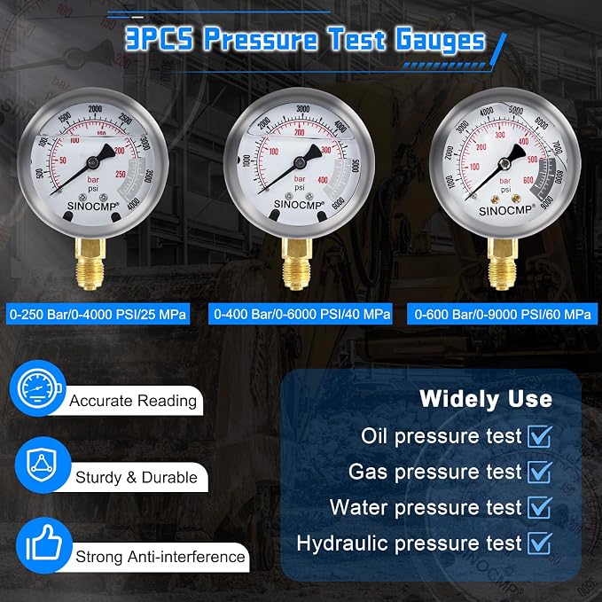 Hydraulic Pressure Gauges Test Kit 4000/6000/10000PSI, 9 Couplings 3 Test Hoses 59 inch, 1 Aluminum Box Diagnosis Tester Set for Excavator Construction Machinery