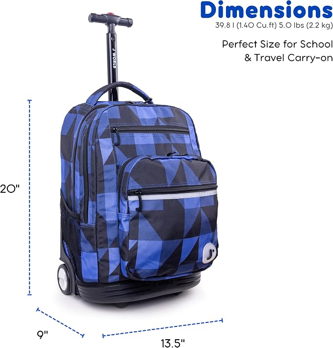 J World Sundance Laptop Rolling Backpack for Girls Boys. Roller Bookbag with Wheels, 20 Inch, Block Navy