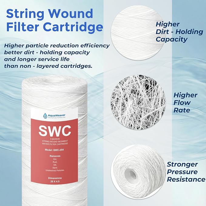 5 Micron 4.5" x 20" Whole House String Wound Sediment Water Filter Cartridge, AquaWeaver Whole House Sediment Well Water Filter Replacement for Well Water, Compatible with WP5BB20P, 2-Pack