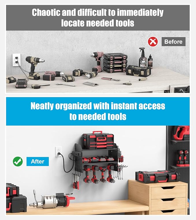 CCCEI Modular Power Tool Organizer Wall Mount with Charging, Black, 1 Pack | Drill & Battery Storage Rack with Peg Hooks, Garage Workshop, Gifts for Men, Husband, Anniversary, Birthday