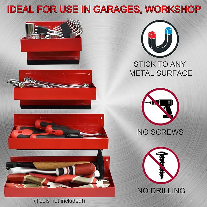 Magnetic Shelf 4-Pcs Set - Red Tool Trays - Metal Tool Box With Strong Magnets - Storage for Toolbox - Tool Box Accessories for Van Workshop