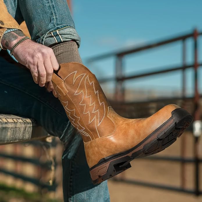 ANGRYRAM Cowboy Work Boots for Men Square Toe Leather Western Boot Slip Resistant Indestructable Steel Toe Safety Boots for Men Work-Man Pro Series