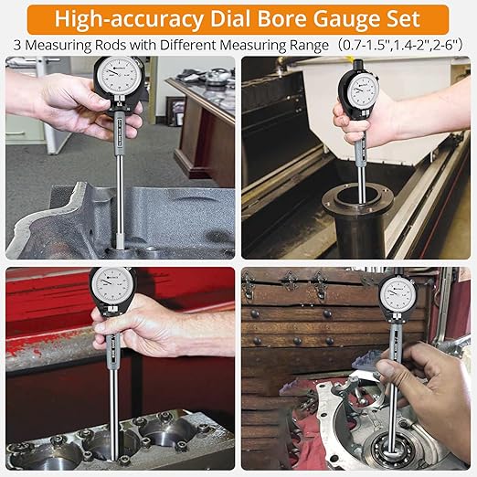 Neoteck Dial Bore Gauge with 0.7"-6"/0.0005" Measuring Range and 6" Measuring Depth Dial Bore Gauge Set with 23PCS Anvils Chrome Plated Handle & Insulated Grips for Engine Cylinder Measurement-Silver