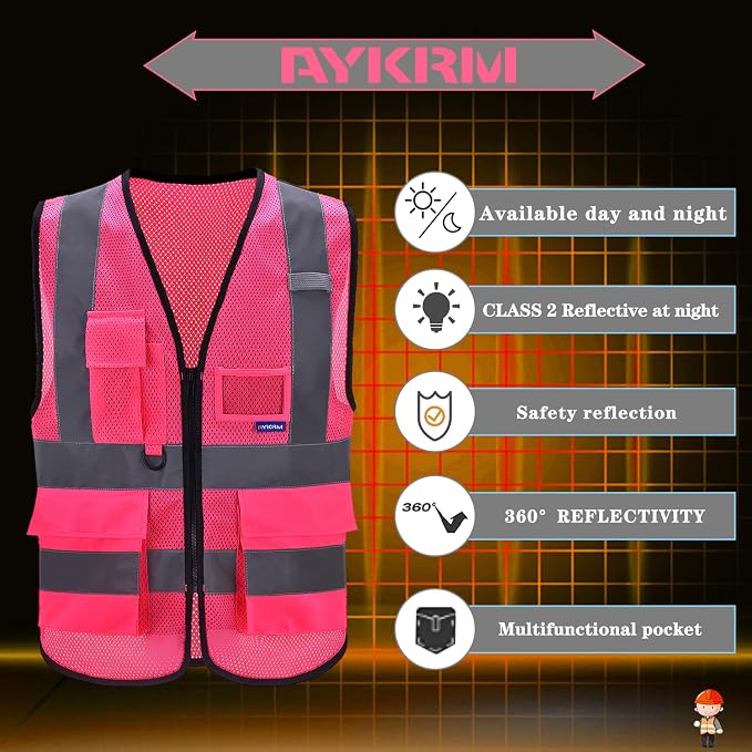 A-SAFETY Hi-Vis Reflective Mesh Vest with 7 Pockets, Front Zipper, Pink, M | Pink M breathable mesh vest with reflective strips, mic tabs and 7 pockets for volunteer events; available in 21 colors.