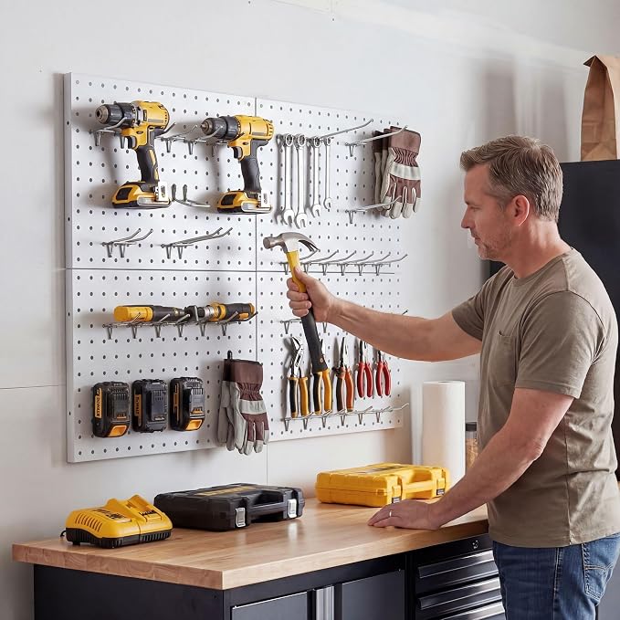 Peg Board 4 Pack Metal Pegboard Panels with 50 Hooks, White Pegboard Organizer
