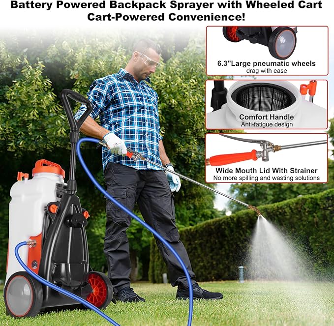 Toovem Battery Powered Backpack Sprayer 4 Gallon, Weed Yard Sprayer with Wand, Electric Backpack Garden Sprayer with Wheeled Cart for Weeding, Adjustable 0-94 PSI, 10FT Hose, 6 Nozzles