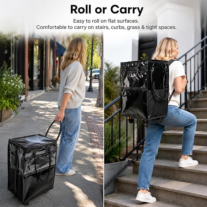 Rolling Grocery Bag with Wheels, 120L Foldable Shopping Cart Bag with Wide Shoulder Straps, 5 Detachable Wheels, Buckle Storage Strap, Large Reusable Utility Tote for Groceries (Black, Large)