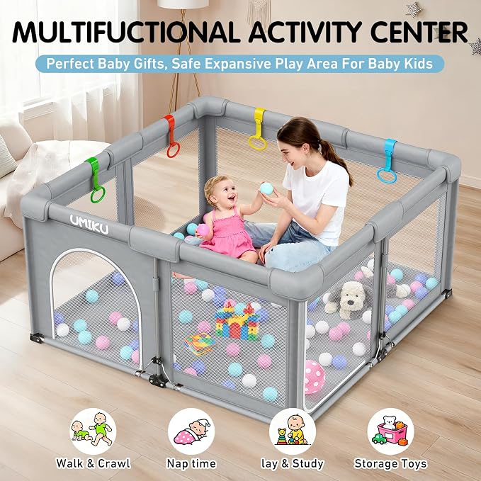 Baby Playpen Foldable Playpen for Babies and Toddlers, Large Playpens Portable Play Pen Safety Area for Kid Fence Travel Indoor Outdoor Baby Boy Girl Gifts Newborn Essentials 50"X50" Grey