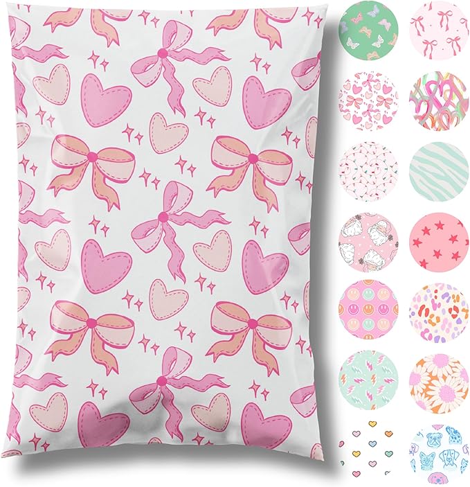 Pretty Package Store 14.5x19 Designer Poly Mailer 100 Pack Heavy Duty Waterproof Self Seal Shipping Bags for Small Business Large Mailing Envelopes Bulk Tear Resistant Packaging Coquette Bows Hearts