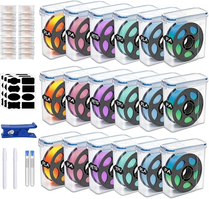 Filament Storage Box - 18 Pack for 3D Printer Filament Container with Desiccants, 0.4mm Nozzle Cleaning Needles and Tube Cutter, Sealing and Protection for 1.75mm Filament (Blue, 18)