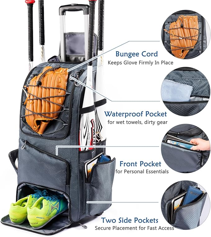Large Rolling Baseball Catchers Gear Bag with Wheels, Softball Bag with Hard Backing for 4 Bats,Equipment Bag with Separate Shoe & Helmet Compartments, Youth Baseball Bag with 360° Spinner Wheels