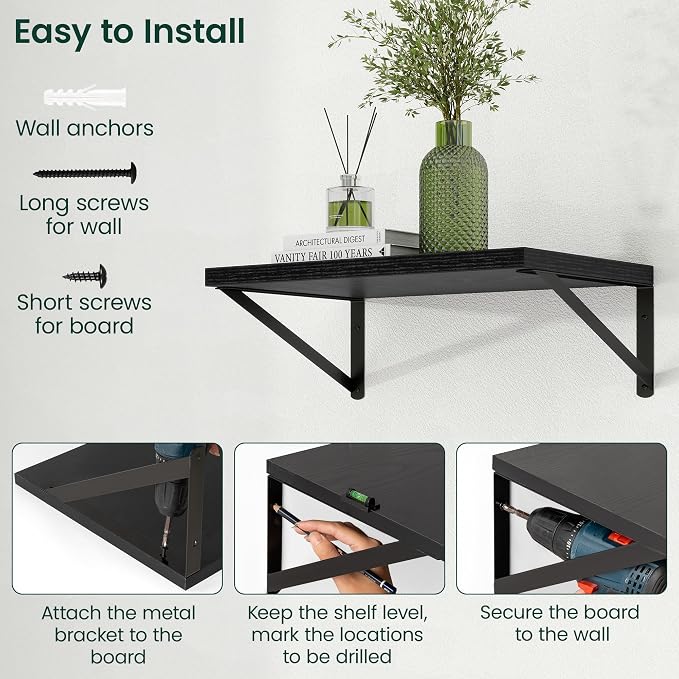 Floating Shelves 12 Inch Deep, 24W x 12D Wall Shelf Set of 2, 50 lbs Heavy Duty Reversible Metal Brackets, Deep Industrial Book Shelf for Living Room Kitchen Bath Bedroom Coffee Bar, Black