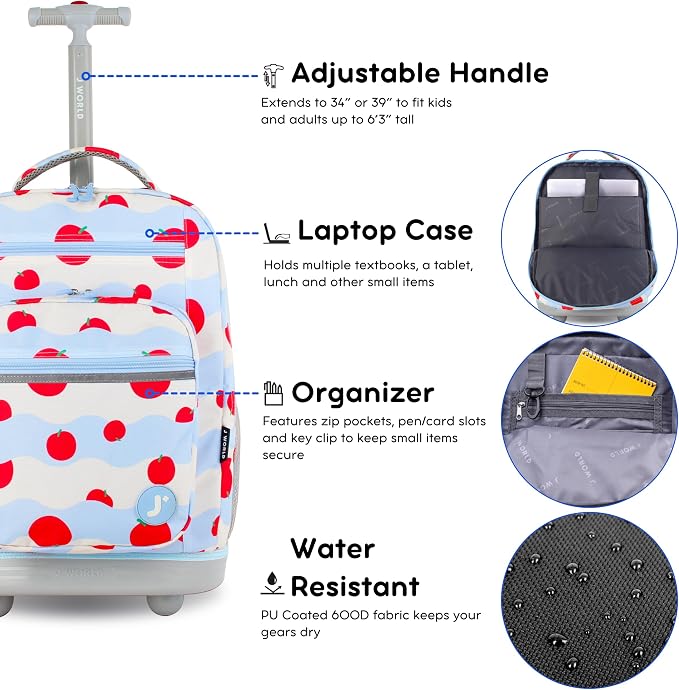 J World Sundance Laptop Rolling Backpack for Girls Boys. Roller Bookbag with Wheels, 20 Inch, Floating Apple