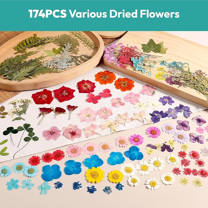 Resiners Colorful Dried Pressed Flowers & Heat Gun - Colorful Real Pressed Flowers for Scrapbook Supplies Card Making Resin Jewelry Making Soap Candle DIY Crafts