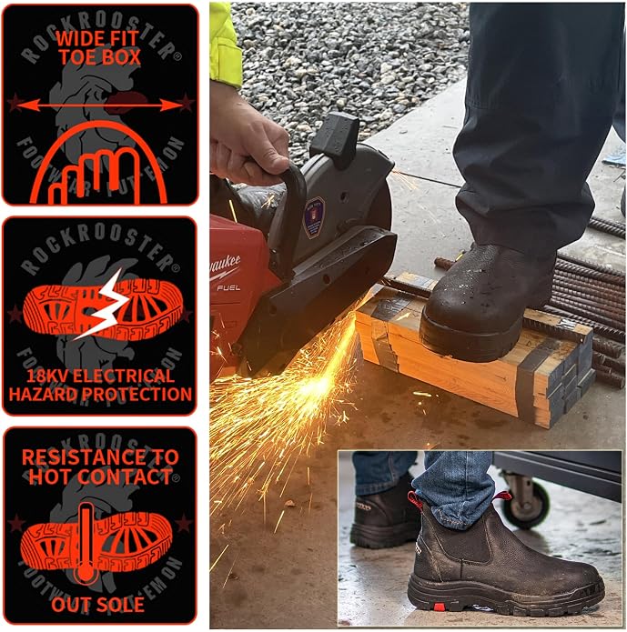 ROCKROOSTER Bakken Men's Black 6 inch Chelsea Boots, EH Rated Waterproof Slip-on Work Boots AK303-Soft Toe, AK323-Steel Toe, CP323-Comp Toe