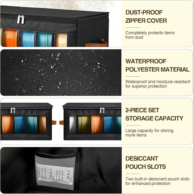 2 Pack Foldable Filament Storage Box, 3D Printer Filament Containers with Transparent Window, Desiccants & Labels, Holds 12 Rolls, Water-Resistant Organizer for Home Office Workshop Studio