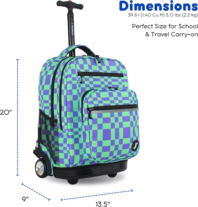 J World Sundance Laptop Rolling Backpack for Girls Boys. Roller Bookbag with Wheels, 20 Inch, Pixel Checkers