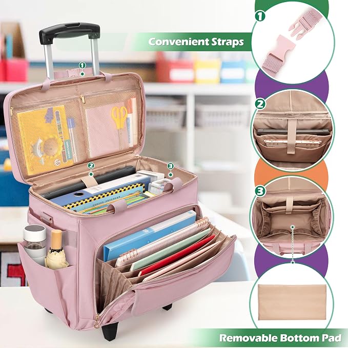 LUXJA Rolling Teacher Bag with Laptop Compartment and Detachable Dolly, Multifunctional Rolling Briefcase with Accordion File Area (Patented), Pink