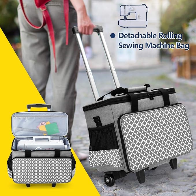 Yarwo Upgraded Rolling Sewing Machine Carrying Case, Detachable Trolley Tote Bag with Removable Bottom Board and Thickened Trailer Leg for Most Standard Sewing Machine and Accessories, Gray with Grid