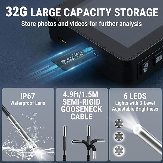 360° Articulating Borescope Camera, 3.9mm Borescope Endoscope with 5" IPS Screen, 720P HD, 4.9FT Gooseneck Cable, IP67 Waterproof Snake Cameras with 6 Lights for Automotive, Plumbing