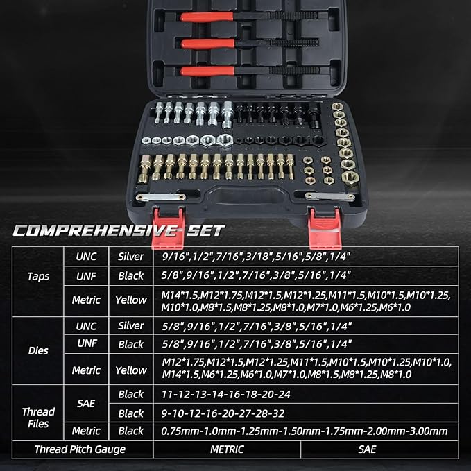 61Pcs Thread Restorer Tool, Metric and SAE Dual-Standard Taps and Dies, UNC/UNF/M6-M14 Thread Chasers, Heat-Treated Carbon Steel for Automotive and Mechanical Repair