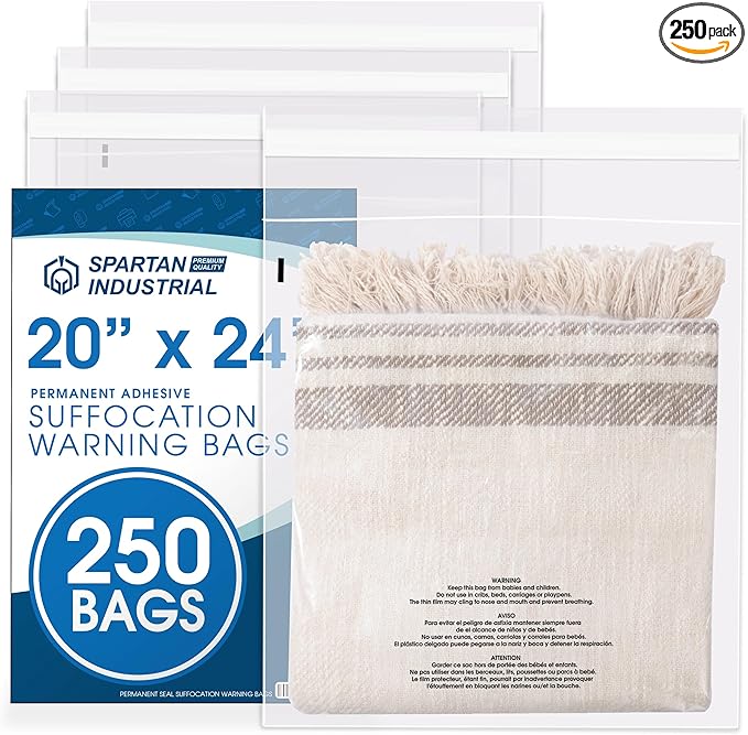 Spartan Industrial - 20" X 24" (250 Count) Self-Seal Clear Poly Bags With Suffocation Warning for Packaging, Bedding, Costumes - Permanent Adhesive