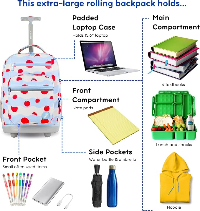 J World Sundance Laptop Rolling Backpack for Girls Boys. Roller Bookbag with Wheels, 20 Inch, Floating Apple