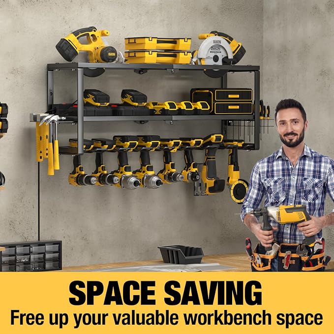YYR Heavy Duty Power Tool Organizer with Charging Station, Cordless Drill Hanger Storage Rack, Battery Tools Holder Wall Mount Shelf for Garage - 32 Inch Equipped with Surge Protection Power Strip