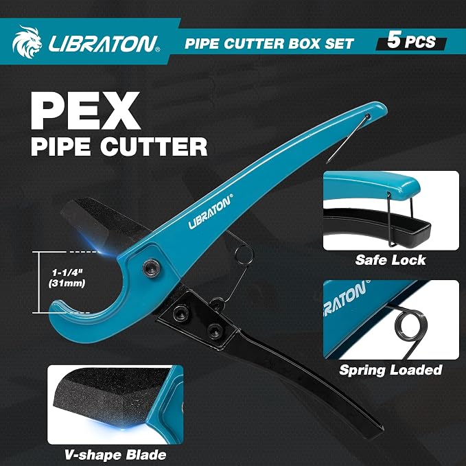 LIBRATON Pipe Cutter Tool 1/8"- 2", Heavy-Duty Copper Tube Cutters, PEX Pipe Cutter, Deburring Tool & Pipe Reamer, 5PCS Tube Cutting Set for Copper, Aluminum, PEX, PVC, with Blow Molded Case