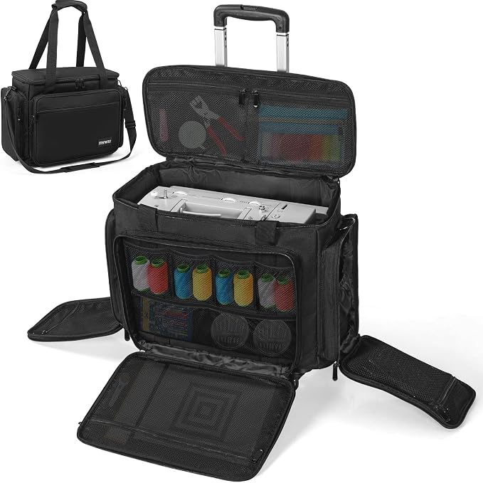 Sewing Machine Case with Wheels, Universal Rolling Trolley Tote with Shoulder Strap & Multiple Storage Pockets Compatible with Most Standard Singer, Brother, Janome, Black