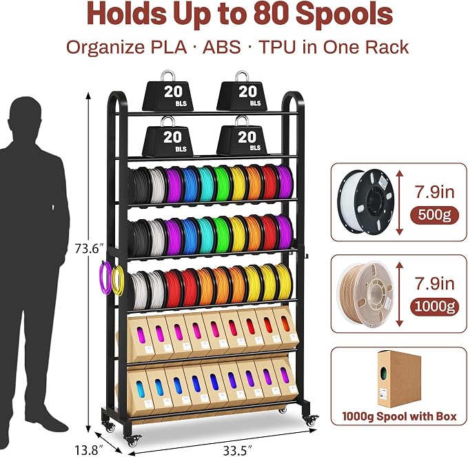 7-Tier 3D Printer Filament Storage Rack with Wheels, Heavy Duty Adjustable Metal Shelf Holds 80 Spools, Tall Mobile Filament Organizer with Hooks for 3D Printing Business & Workshop