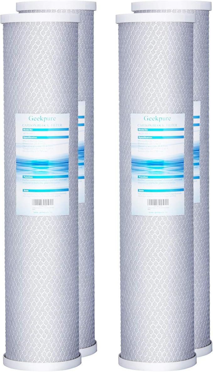 Geekpure Whole House Carbon Block Water Filter Reduce Chlorine Taste Odors- 4.5 Inch x 20 Inch -5 Micron-Pack 4
