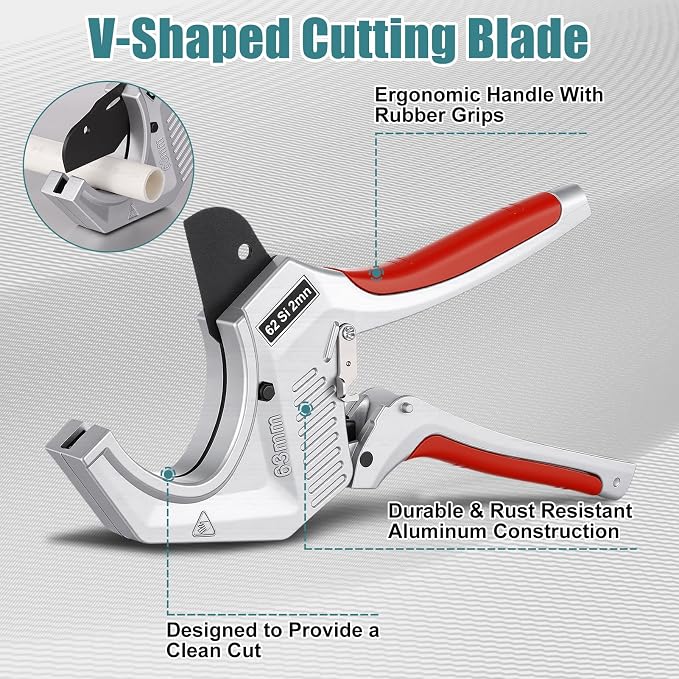 PVC Pipe Cutter 2.5 inch, Heavy Duty Pipe Cutter Tool with Aluminum Body, Manganese Steel Blades, Ergonomic Non Slip Handle and Safety Latchs for Cutting PVC, PPR, and PE Pipes