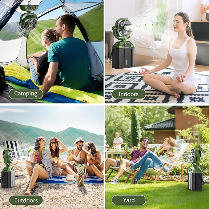 Portable Misting Fan Rechargeable for Hot Weather - 9-inch Auto Swivel Camping Fan with 25000mAh USB Battery as Power Bank, Outdoor fan with 4 Mist Cooler, 7L Bucket for Patio,Yard,Beach,Golf (Green)
