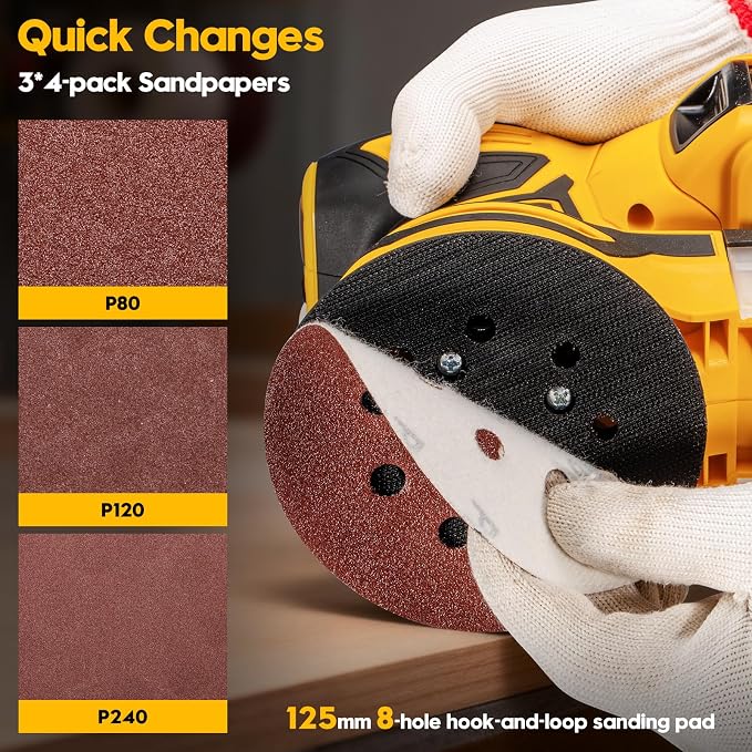 Cordless Random Orbital Sander for Dewalt 20V Battery, Brushless 5-Inch Sander with 6 Variable Speeds, 6000-12000 OPM, Dust Collection Box & 12 Sanding Discs (Battery Not Included) (Yellow)