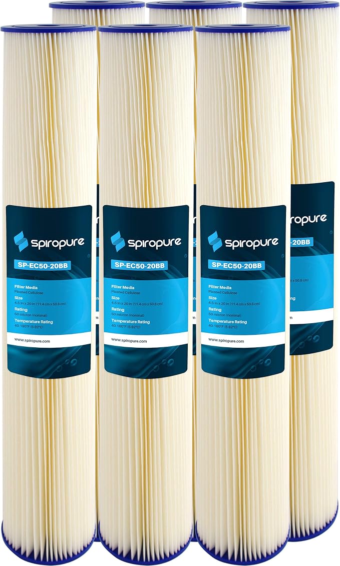 SpiroPure SP-EC50-20BB 20x4.5 50 Micron Pleated Polyester Sediment Water Filter Cartridge ECP50-20BB 255496-43 (Case of 6)