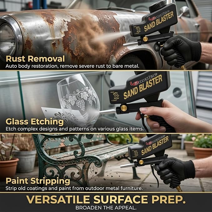 LE LEMATEC Portable Sand Blaster Gun Kit, Pneumatic Tool for Rust Removal | Glass etching, paint stripping, surface prep, deburring, steel nozzle, gravity feed, 90 PSI, model AS118